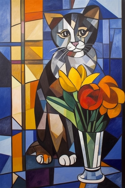 A painting of a cat with flowers in a vase.