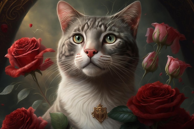 A painting of a cat with flowers