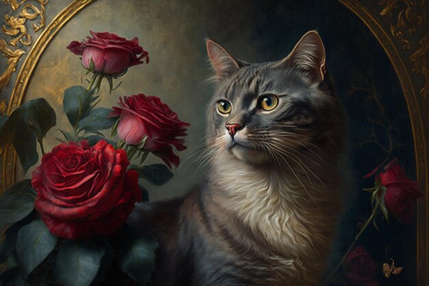 A painting of a cat with flowers