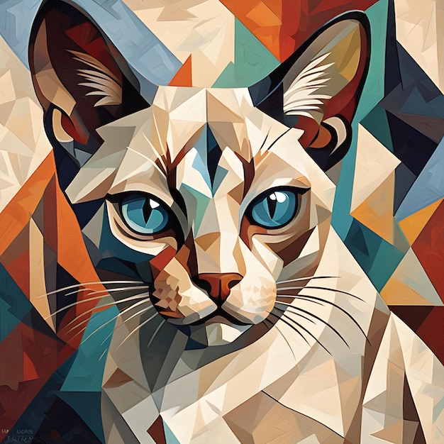 a painting of a cat with a geometric pattern