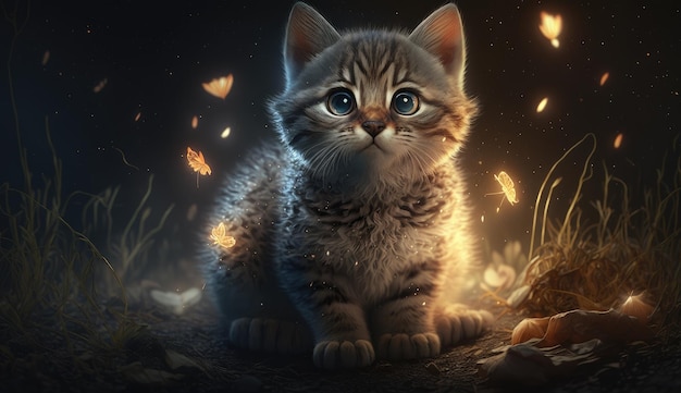 A painting of a cat with a glowing background.