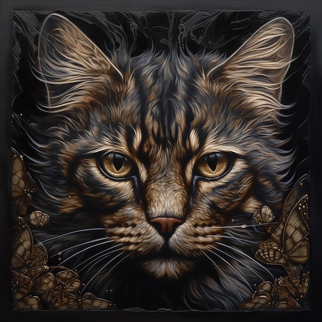 A painting of a cat with gold eyes and black and brown fur.