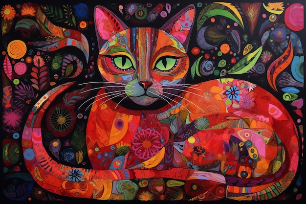 A painting of a cat with a green eye and a red tail.