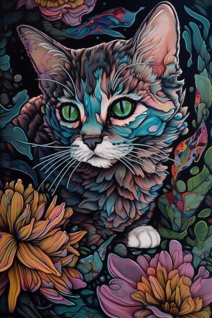 緑色の目をした猫と背景の花の絵。