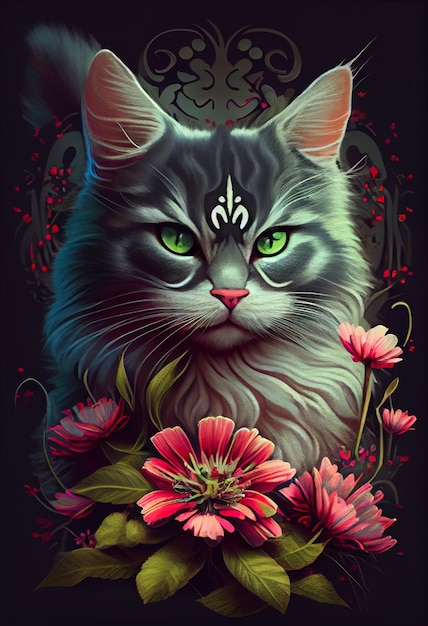 검은색 배경에 초록색 눈과 꽃을 가진 고양이의 그림