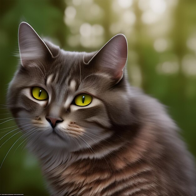 緑の目と明るい緑の背景を持つ猫の絵。