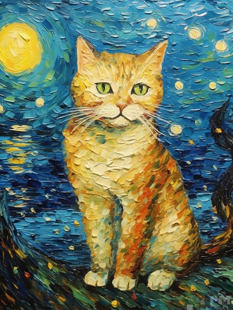 A painting of a cat with green eyes and a moon in the background.