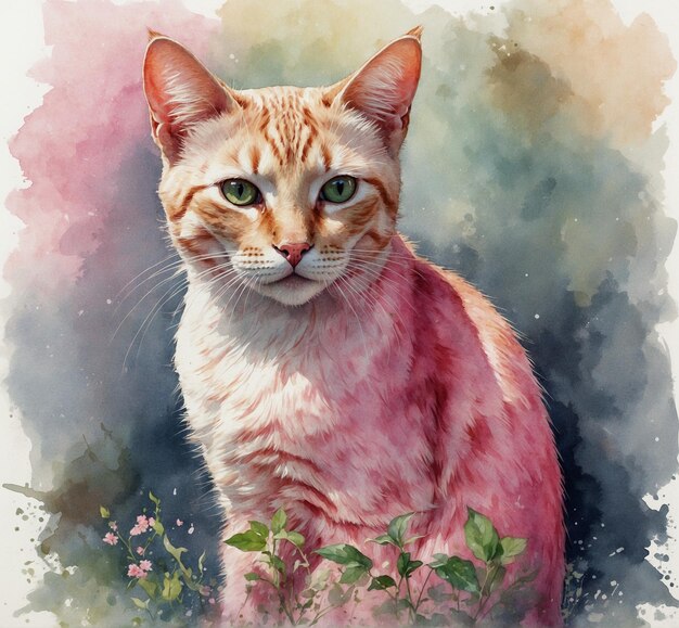 a painting of a cat with green eyes and a pink background