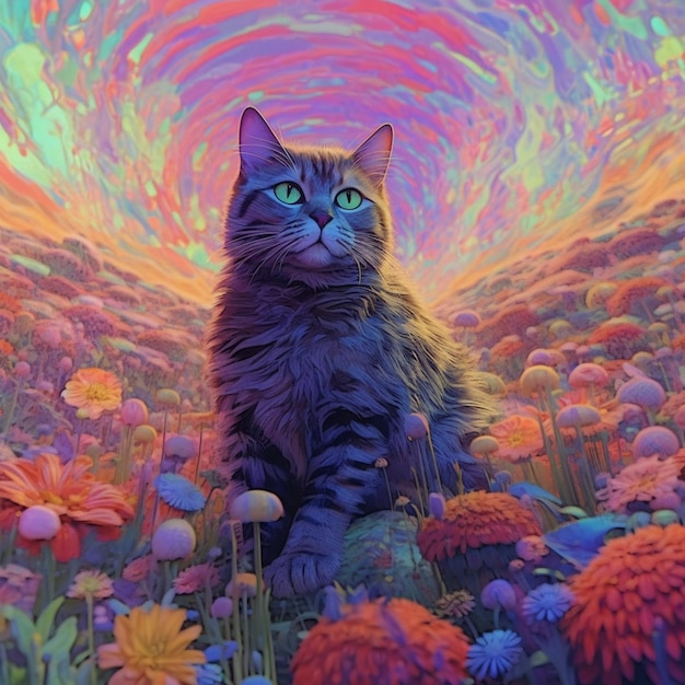 A painting of a cat with green eyes and a rainbow of flowers in the background.