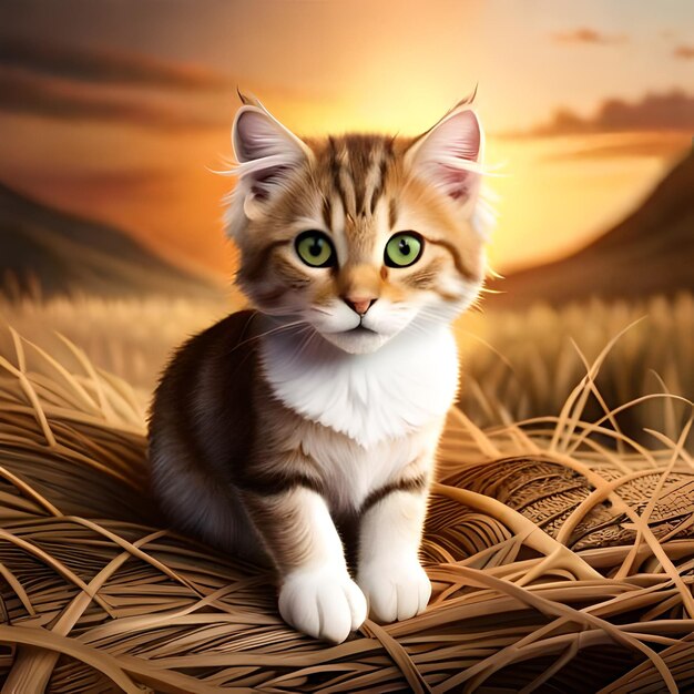 A painting of a cat with green eyes sits on a hay field.