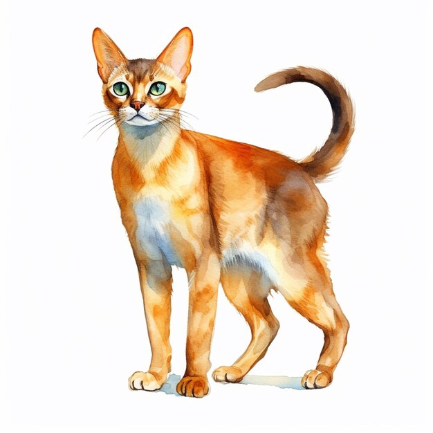 A painting of a cat with green eyes and a tail