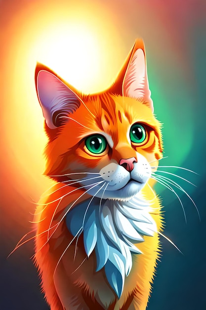 A painting of a cat with green eyes and a yellow background.