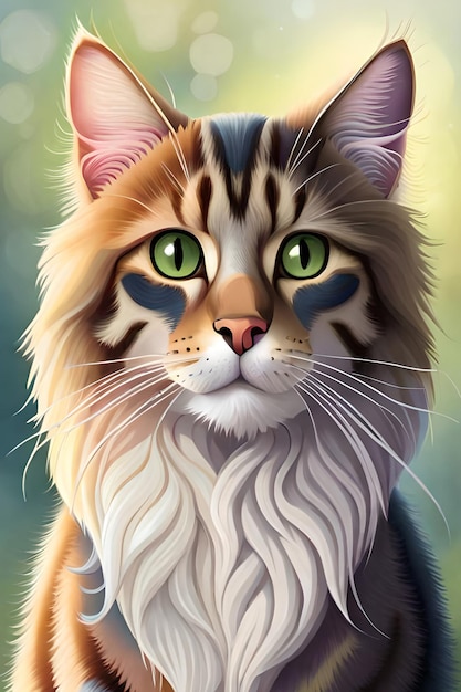 A painting of a cat with green eyes