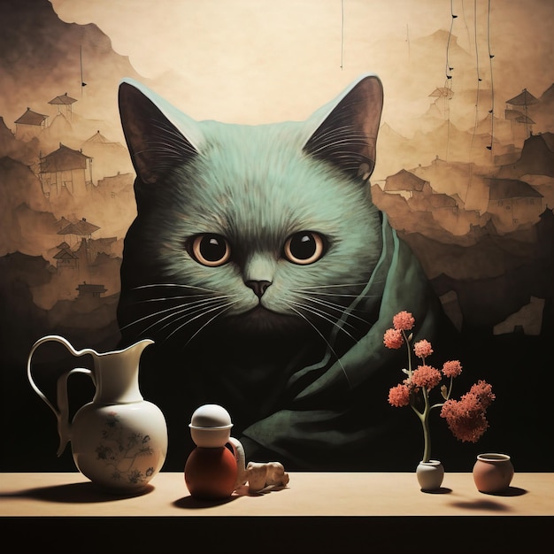 a painting of a cat with a green face and a vase with flowers in front of it.