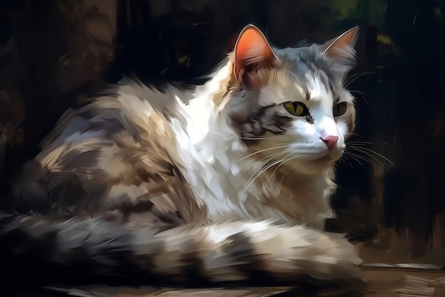 A painting of a cat with a light colored background.