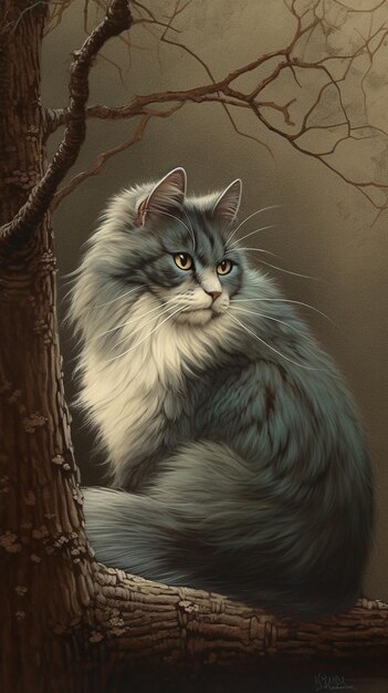 A painting of a cat with a long fur coat.