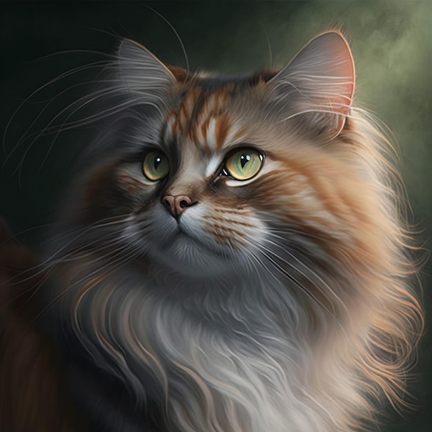 A painting of a cat with long hair and a green light in the background.