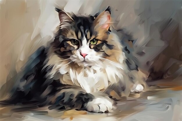 A painting of a cat with a long hair and a long tail.