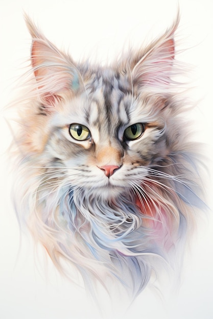 Painting of a cat with a long mane and green eyes generative ai