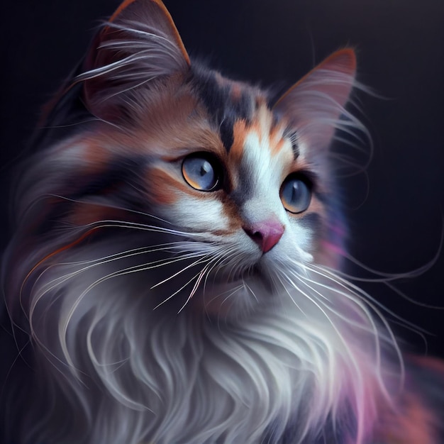 A painting of a cat with long whiskers and a black background.