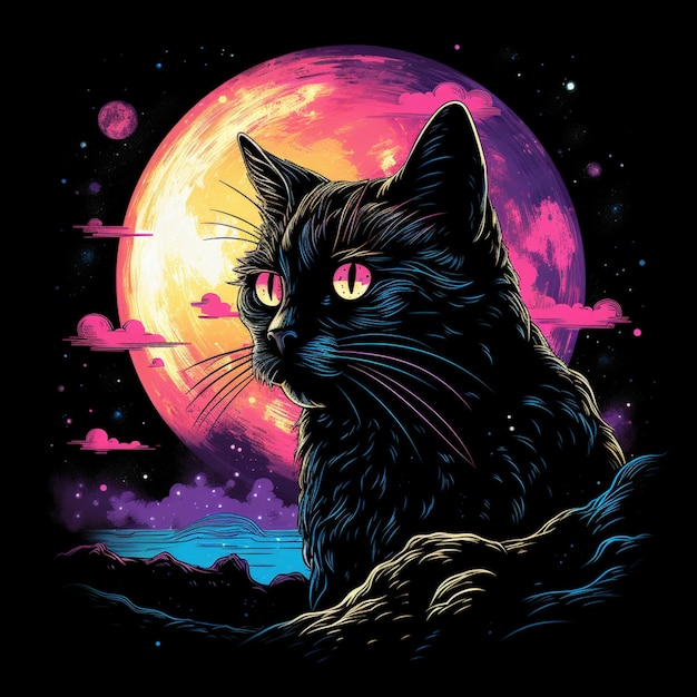 A painting of a cat with a moon in the background