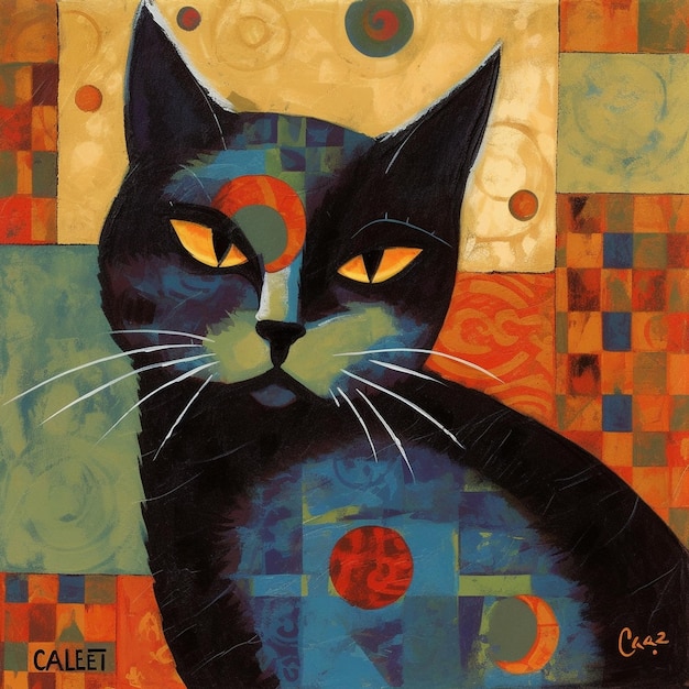 A painting of a cat with the name " calif " on it.