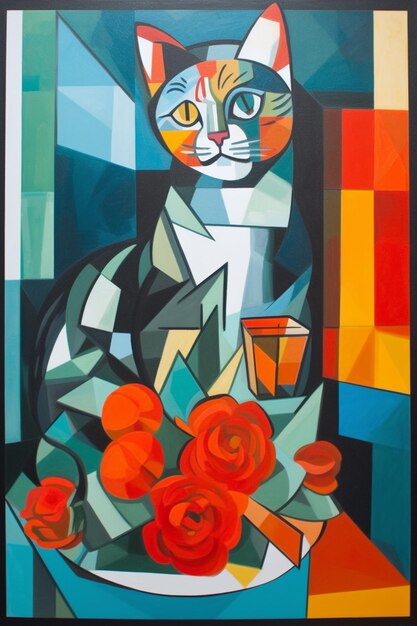 A painting of a cat with orange roses on it