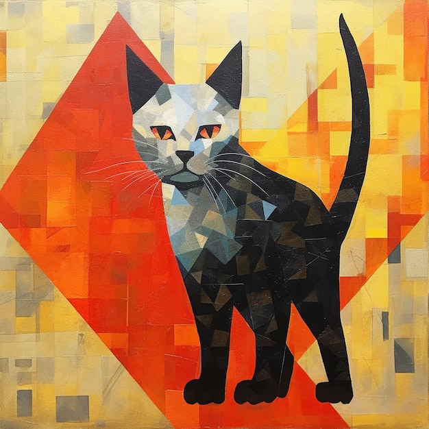 A painting of a cat with orange triangles on it