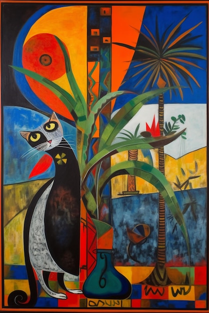 A painting of a cat with a palm tree in the background