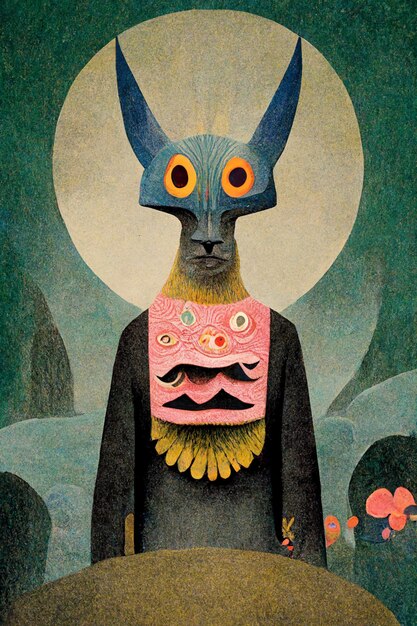 A painting of a cat with a pink mask on it