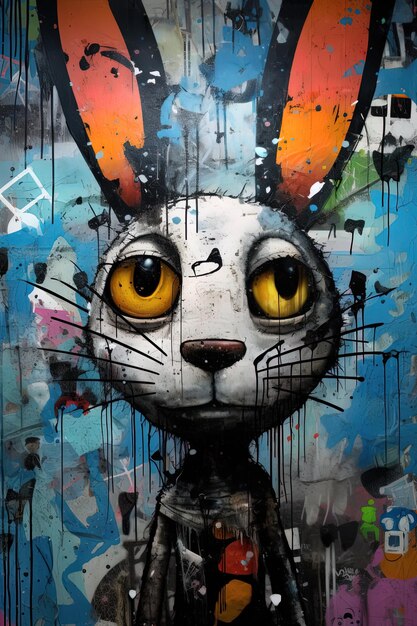 Photo a painting of a cat with a rabbit head on it