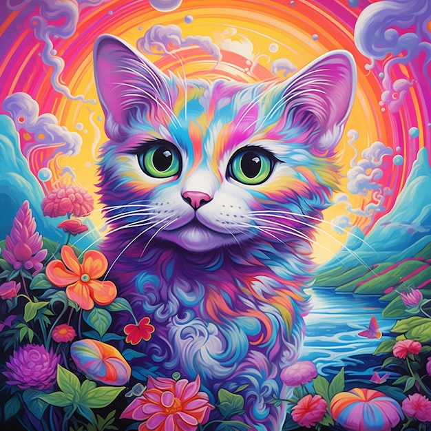 painting of a cat with a rainbow colored face and green eyes generative ai