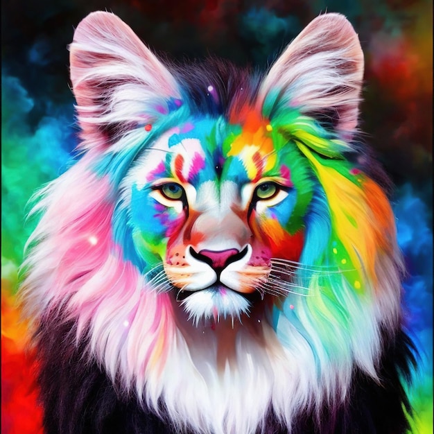 A painting of a cat with a rainbow colored head and the word cat on the bottom.