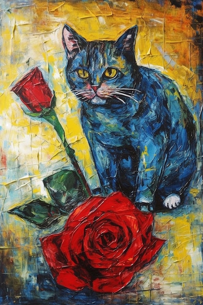 A painting of a cat with a rose on it