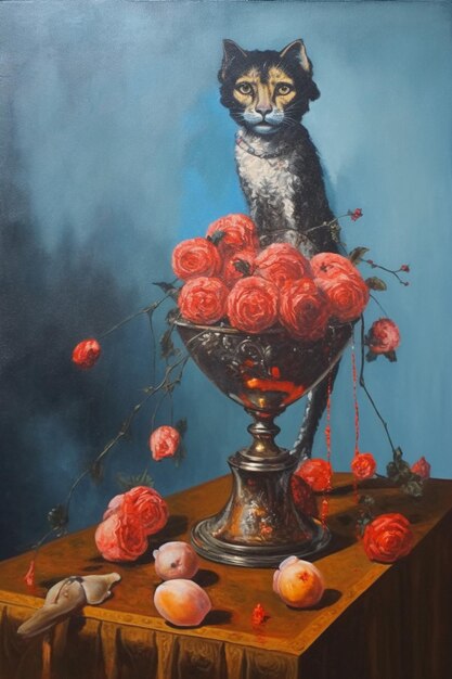 A painting of a cat with roses on the top of it