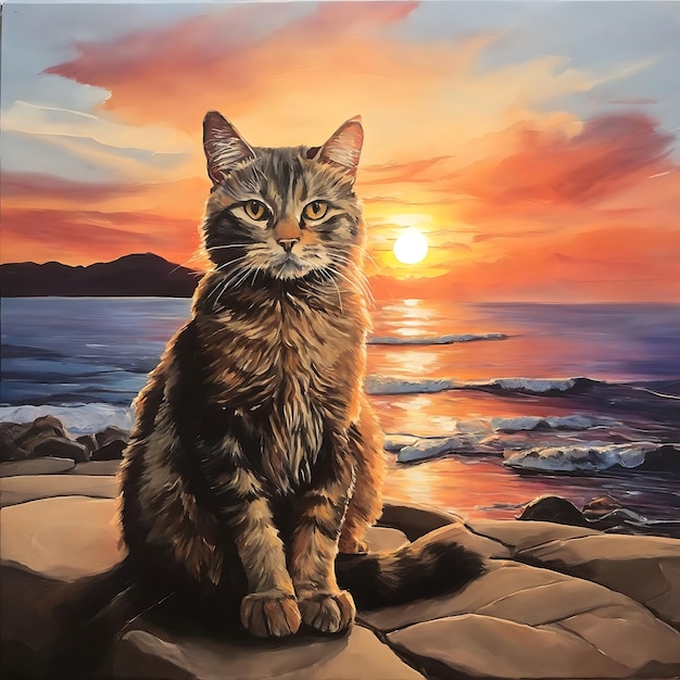 A painting of a cat with a sunset in the background