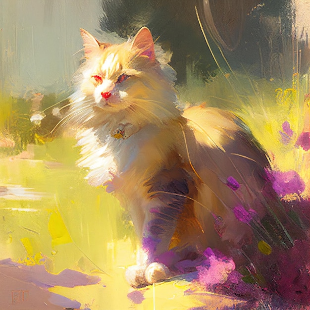 A painting of a cat with a tag that says