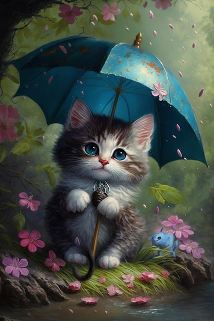 A painting of a cat with an umbrella