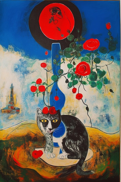 A painting of a cat with a vase with flowers on it