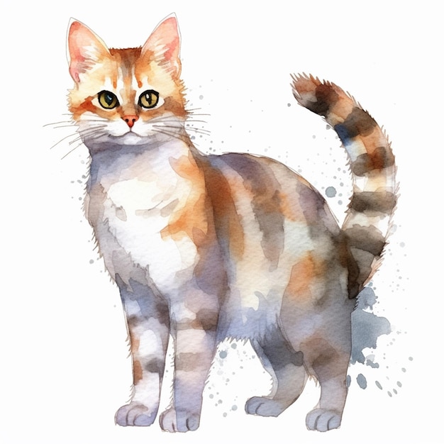 白とオレンジの尻尾を持つ猫の絵。