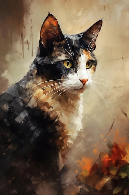 A painting of a cat with a yellow and black tail.