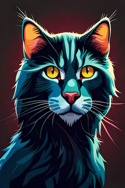 A painting of a cat with yellow eyes and a black cat with a red background.