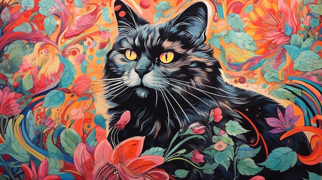 A painting of a cat with yellow eyes and a black nose.