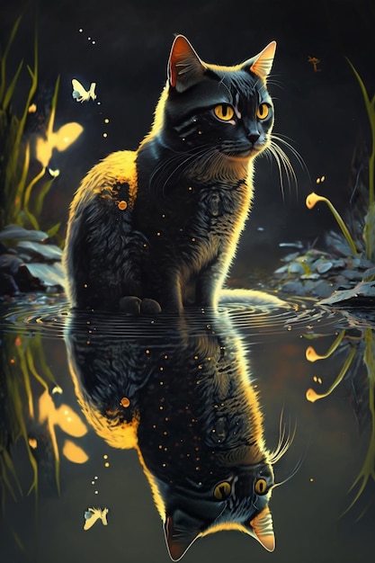 A painting of a cat with yellow eyes and black and white fur.