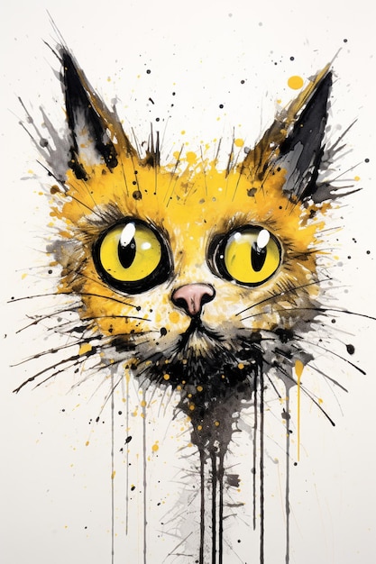 painting of a cat with yellow eyes and black and white paint splatters generative ai