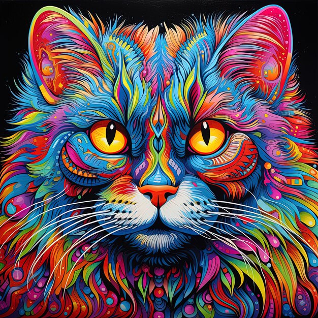 Photo a painting of a cat with yellow eyes and a colorful pattern