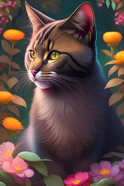 A painting of a cat with yellow eyes and a green and orange flower in the background.