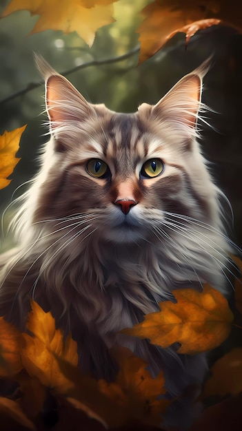 A painting of a cat with yellow eyes and orange leaves.