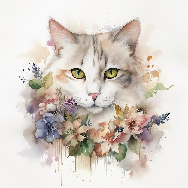 黄色い目とピンクと紫の花を持つ猫の絵。