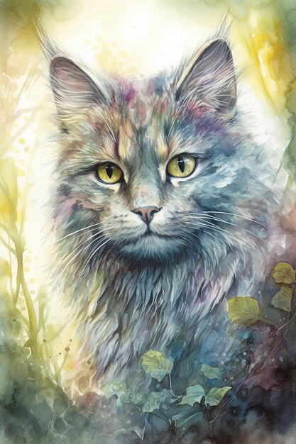 A painting of a cat with yellow eyes